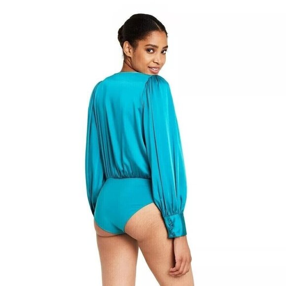 Sergio Hudson Size Small Turquoise Metallic Blue Crossover Front Satin Bodysuit - Picture 3 of 7